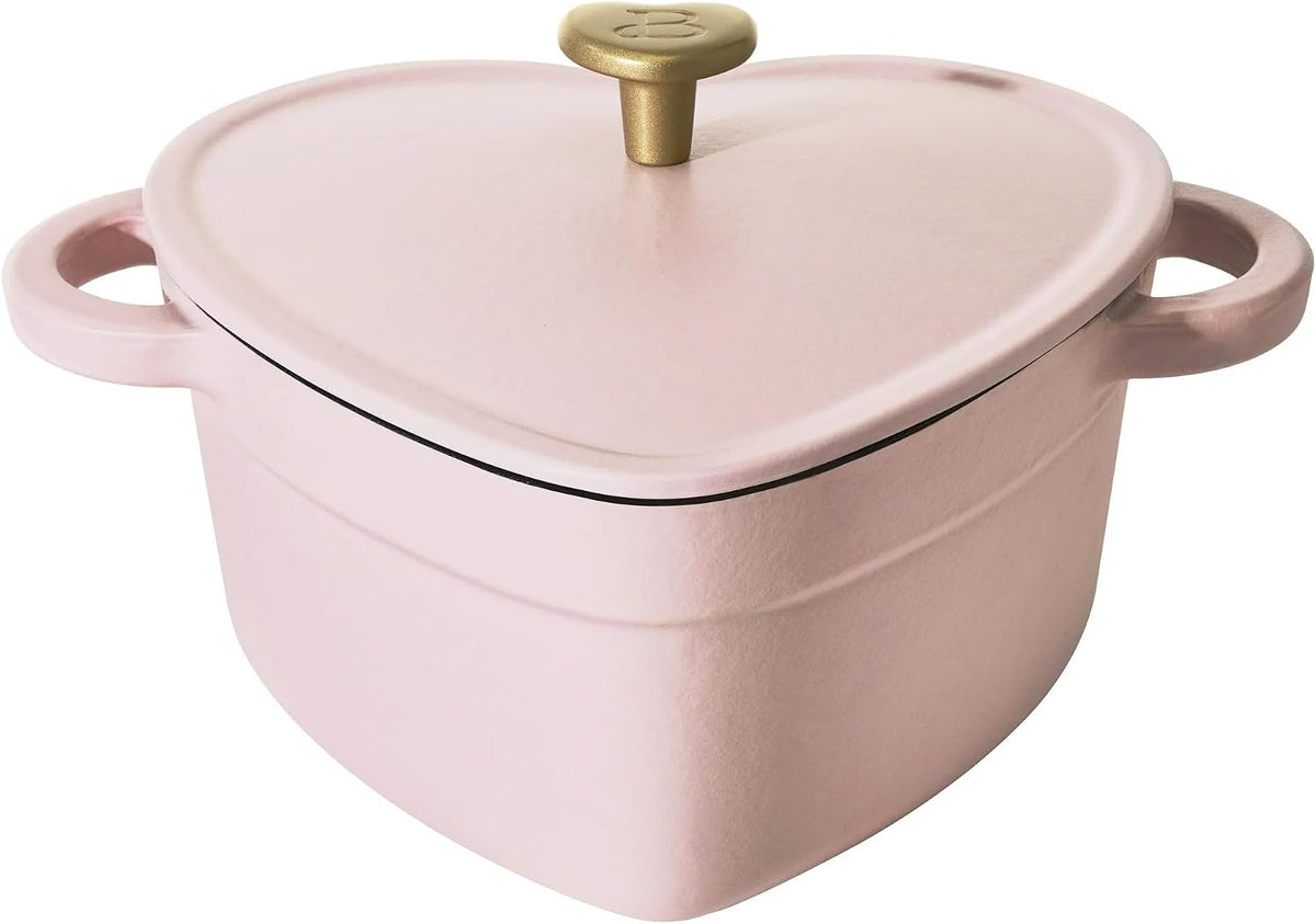 2QT Cast Iron Dutch Oven, Enameled Heart Shaped Casserole Dish with Lid, Oven Safe 500°F, Small Dutch Oven for Baking, Braising, Soups & Desserts (Pink Champagne)