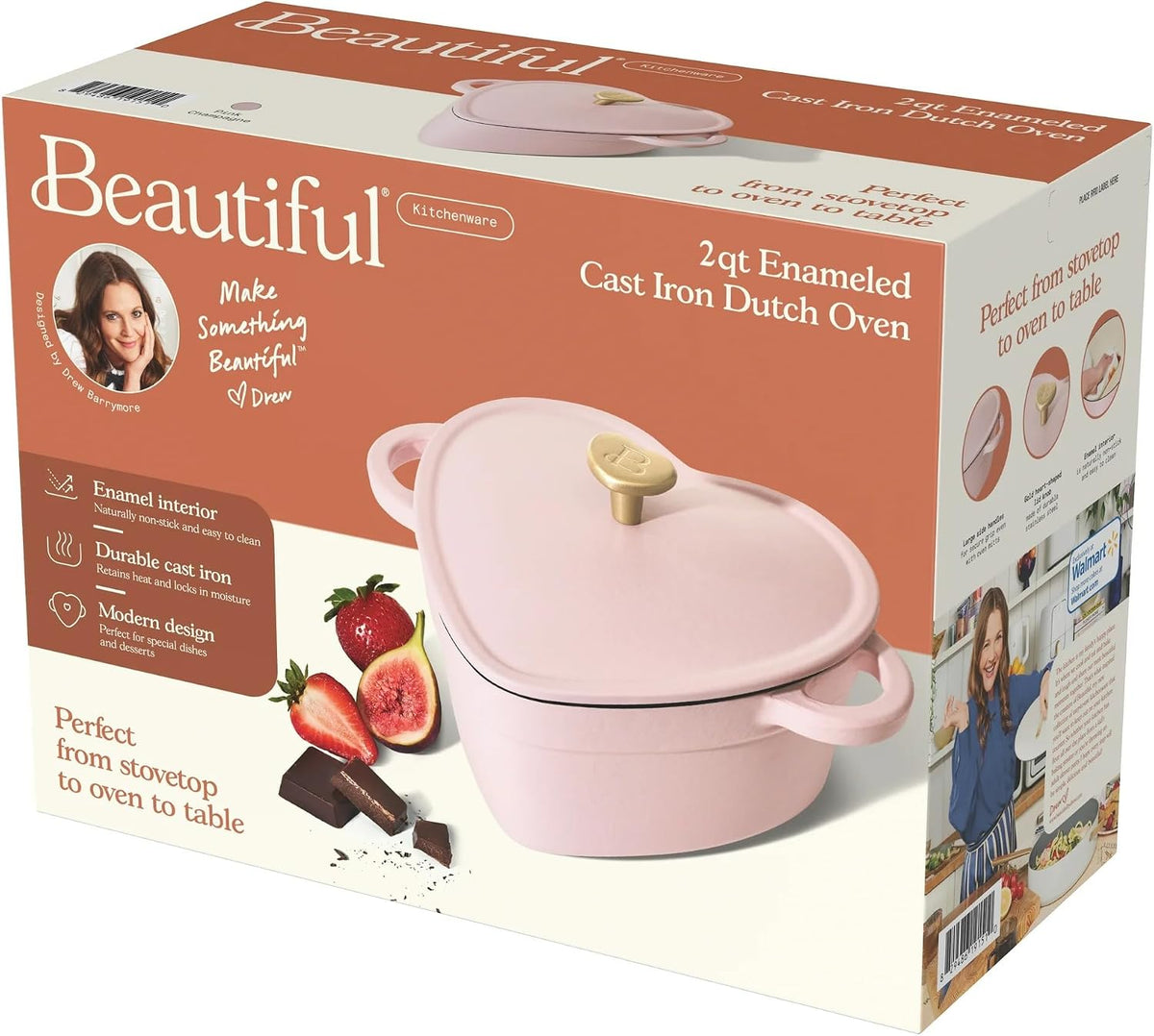 2QT Cast Iron Dutch Oven, Enameled Heart Shaped Casserole Dish with Lid, Oven Safe 500°F, Small Dutch Oven for Baking, Braising, Soups & Desserts (Pink Champagne)