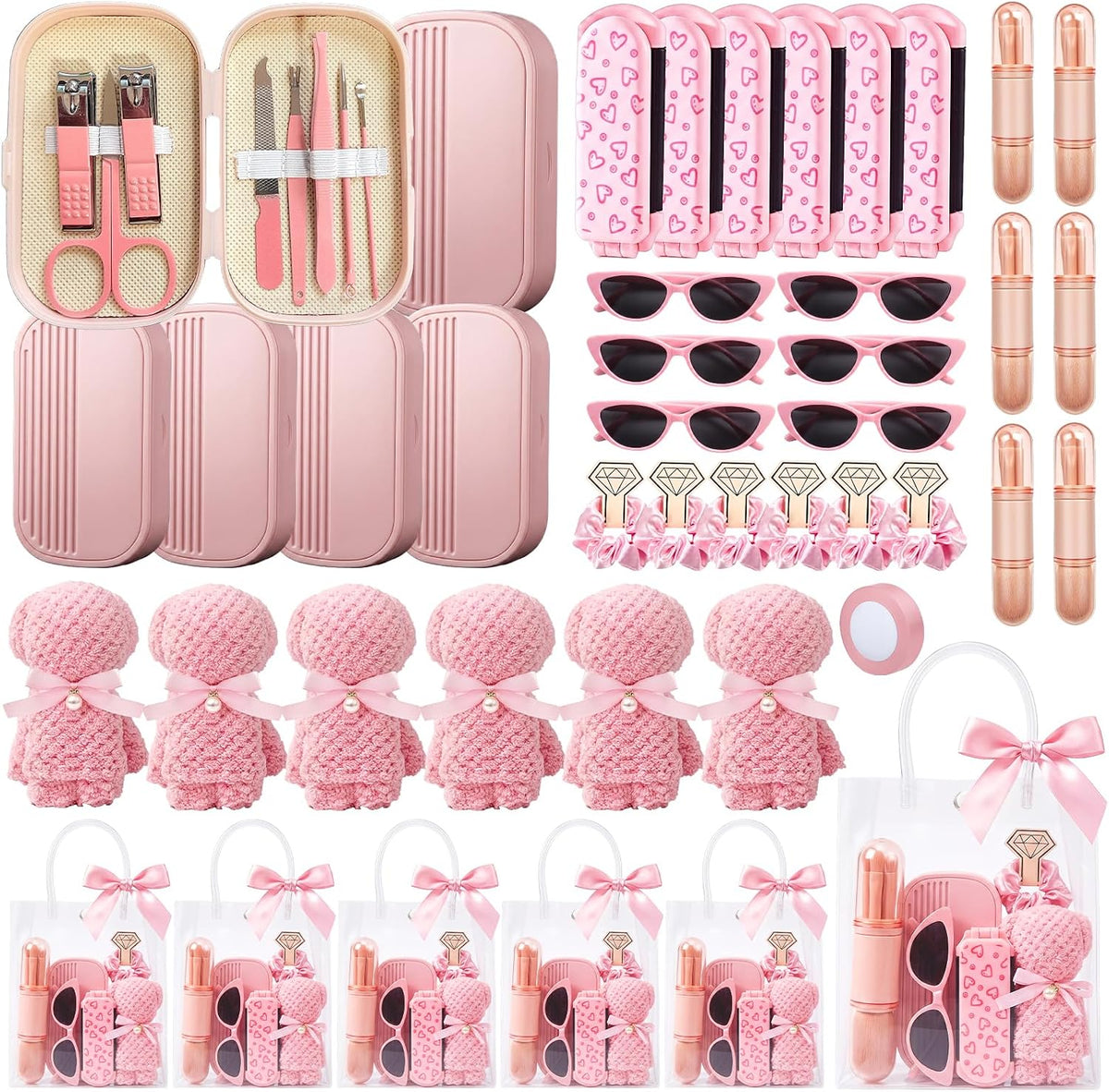 6 Sets Baby Shower Prizes for Game Winners Baby Shower Favors Gifts Including Nail Clippers Sunglasses Makeup Brushes Folding Combs Towels Hair Ties Ribbons Gift Bags