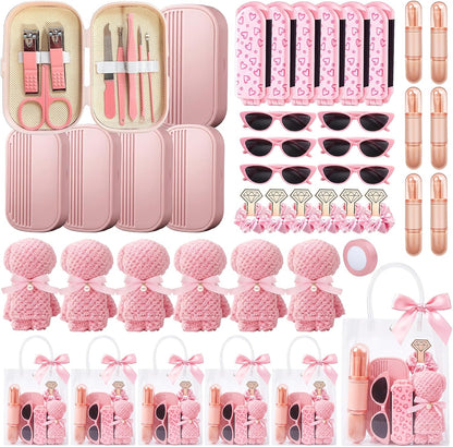 6 Sets Baby Shower Prizes for Game Winners Baby Shower Favors Gifts Including Nail Clippers Sunglasses Makeup Brushes Folding Combs Towels Hair Ties Ribbons Gift Bags
