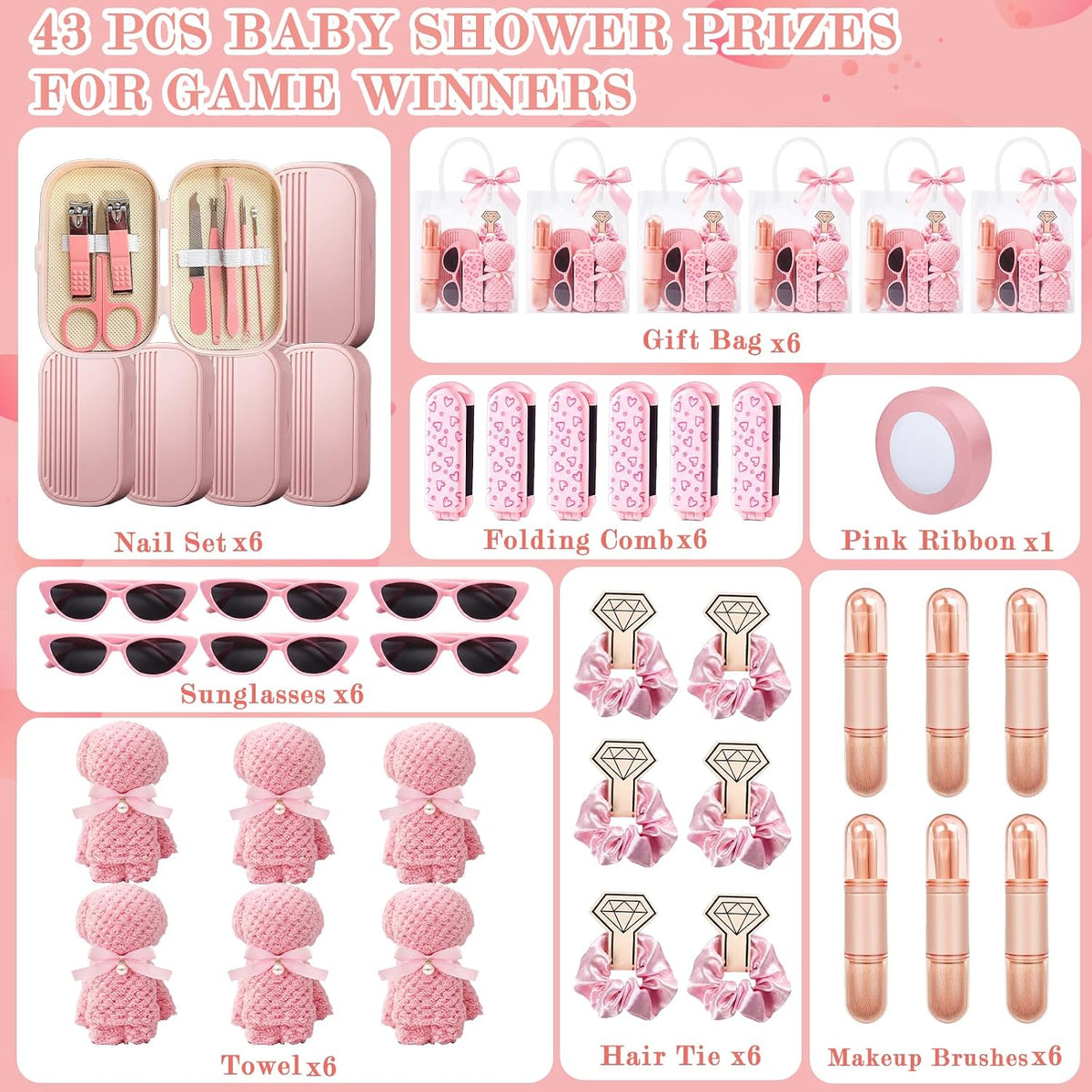 6 Sets Baby Shower Prizes for Game Winners Baby Shower Favors Gifts Including Nail Clippers Sunglasses Makeup Brushes Folding Combs Towels Hair Ties Ribbons Gift Bags