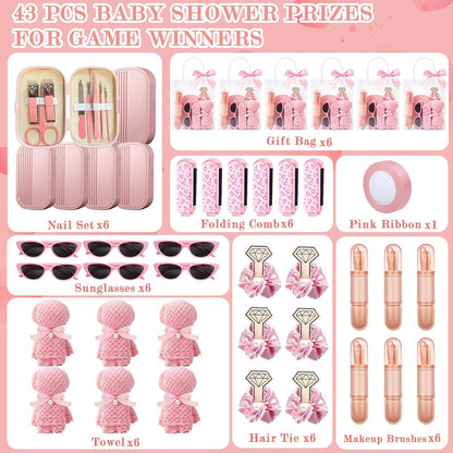 6 Sets Baby Shower Prizes for Game Winners Baby Shower Favors Gifts Including Nail Clippers Sunglasses Makeup Brushes Folding Combs Towels Hair Ties Ribbons Gift Bags