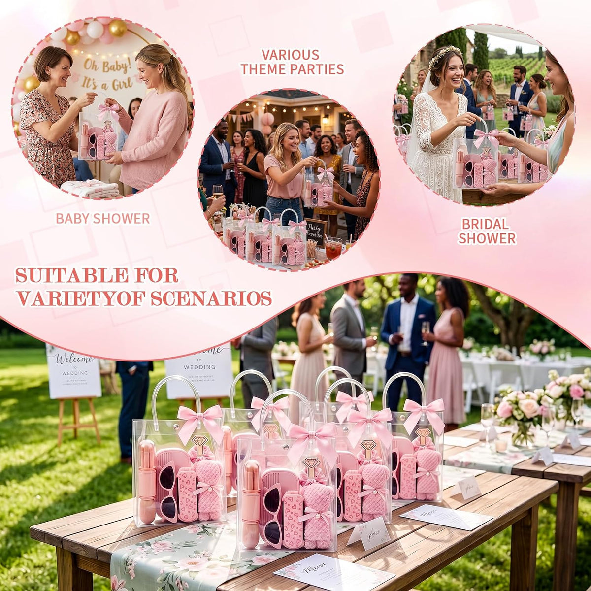 6 Sets Baby Shower Prizes for Game Winners Baby Shower Favors Gifts Including Nail Clippers Sunglasses Makeup Brushes Folding Combs Towels Hair Ties Ribbons Gift Bags
