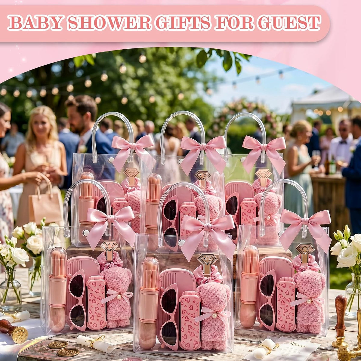 6 Sets Baby Shower Prizes for Game Winners Baby Shower Favors Gifts Including Nail Clippers Sunglasses Makeup Brushes Folding Combs Towels Hair Ties Ribbons Gift Bags