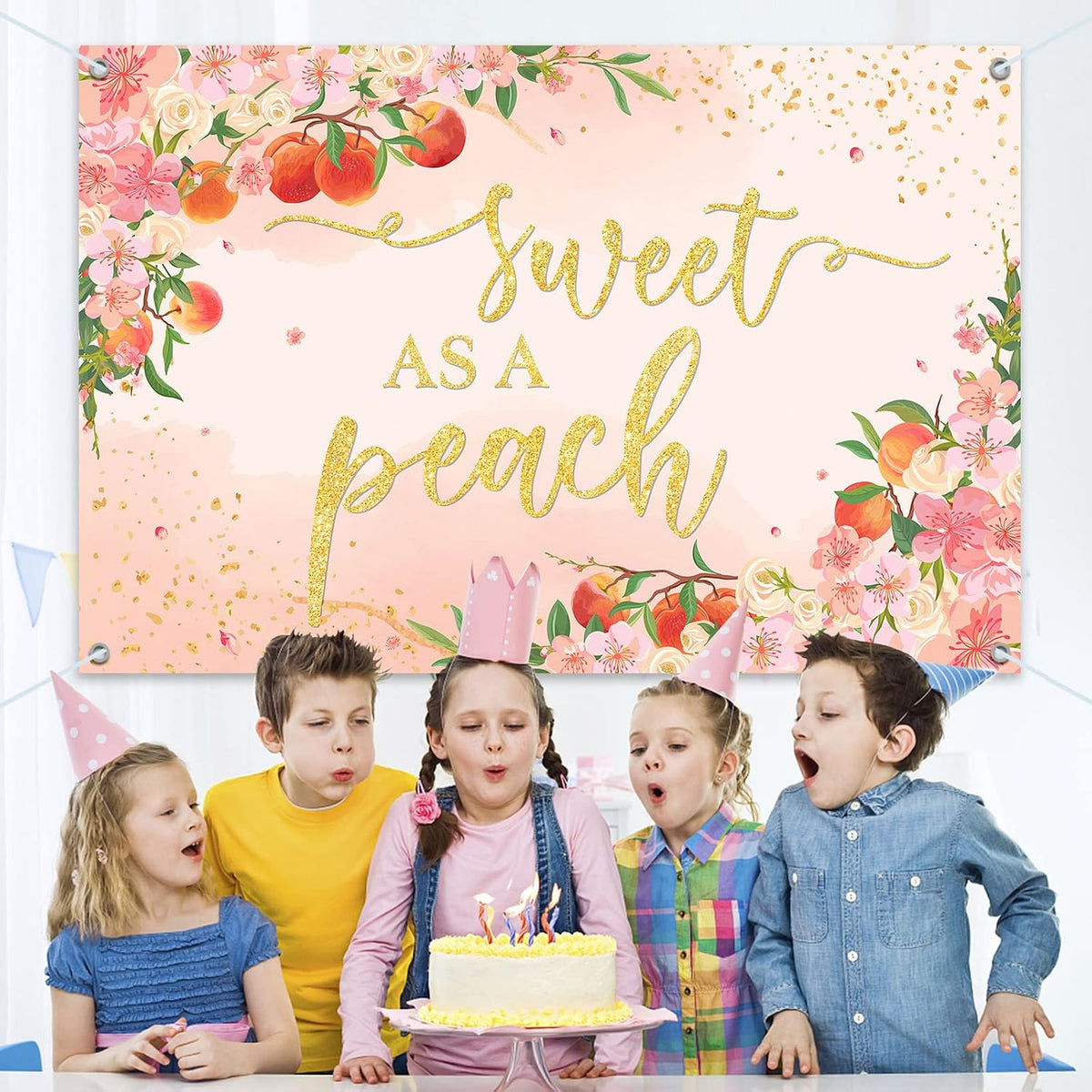 6x4ft Sweet As A Peach Banner Backdrop - Peach Baby Shower Birthday Decorations Party Supplies for Girls