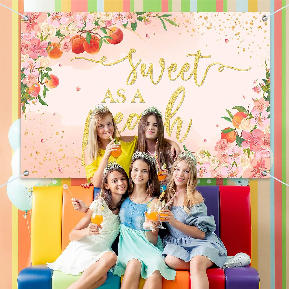 6x4ft Sweet As A Peach Banner Backdrop - Peach Baby Shower Birthday Decorations Party Supplies for Girls