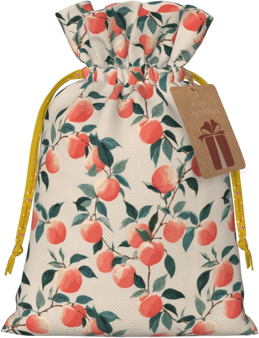 Fruits Peach (3) Print Christmas Drawstring Gift Bags, Reusable Candy Treat Bags For Holiday Birthday Party