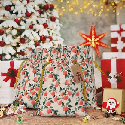Fruits Peach (3) Print Christmas Drawstring Gift Bags, Reusable Candy Treat Bags For Holiday Birthday Party