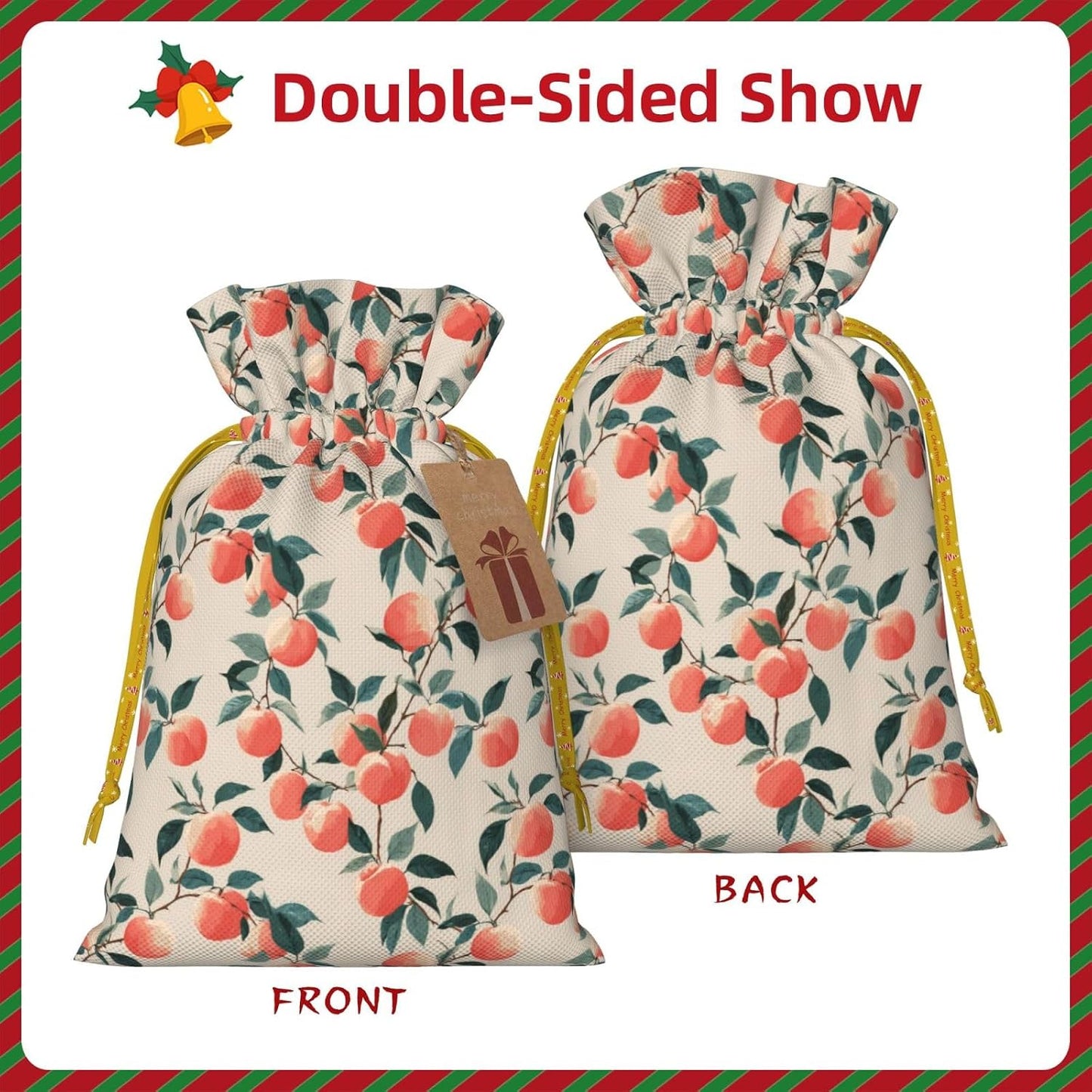 Fruits Peach (3) Print Christmas Drawstring Gift Bags, Reusable Candy Treat Bags For Holiday Birthday Party