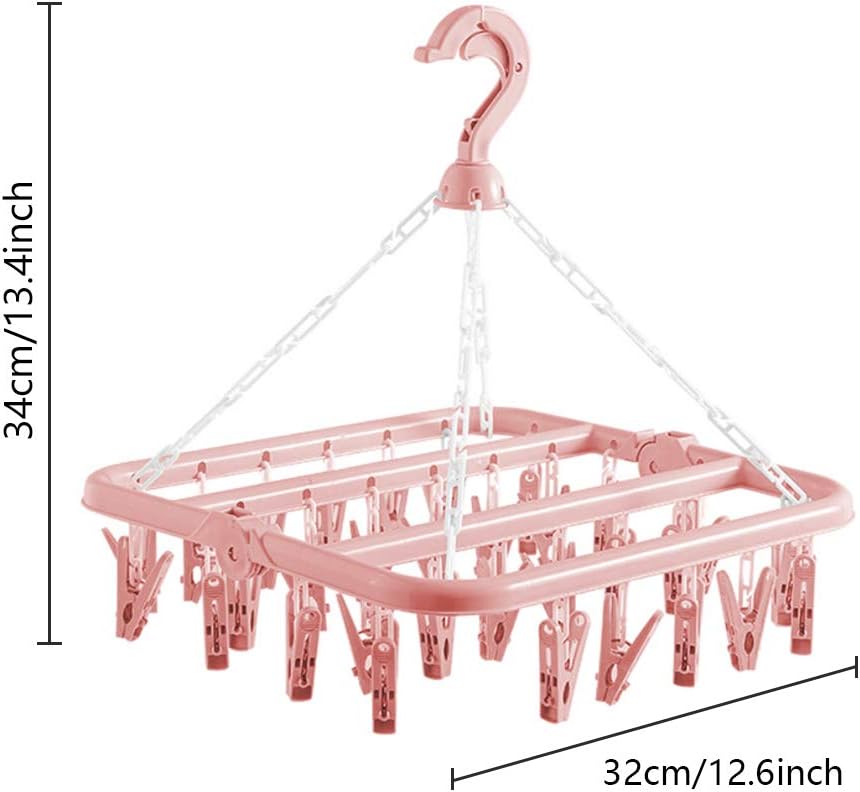 Clothes Drying Hanger with 32 Clips and Drip Foldable Hanging Rack (Light Pink)