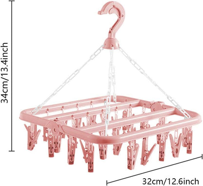 Clothes Drying Hanger with 32 Clips and Drip Foldable Hanging Rack (Light Pink)