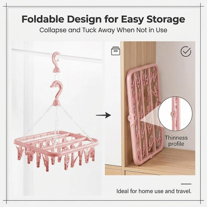 Clothes Drying Hanger with 32 Clips and Drip Foldable Hanging Rack (Light Pink)