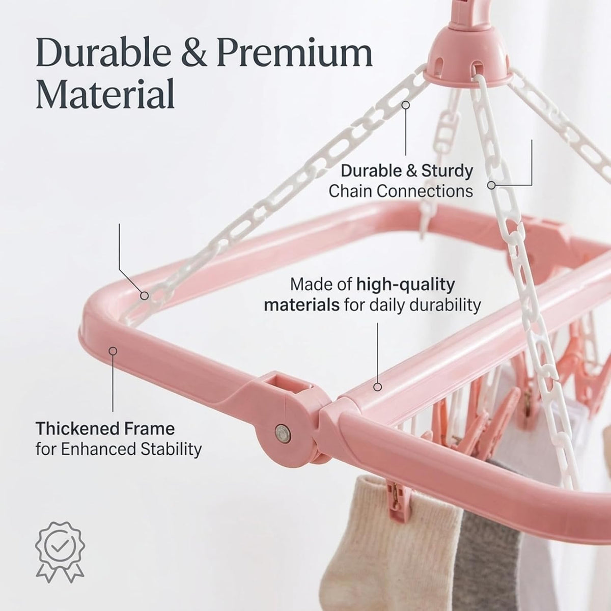 Clothes Drying Hanger with 32 Clips and Drip Foldable Hanging Rack (Light Pink)