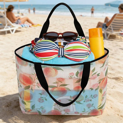 Beach Bag for Women,Summer Fruit Pink Honey Peach Large Beach Tote Bag Mesh Bags Travel Handbag