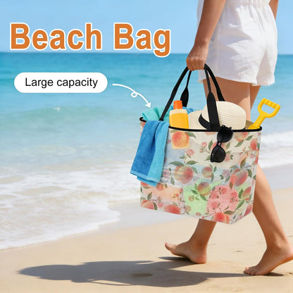 Beach Bag for Women,Summer Fruit Pink Honey Peach Large Beach Tote Bag Mesh Bags Travel Handbag