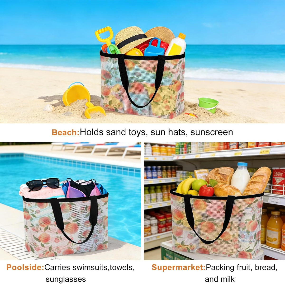 Beach Bag for Women,Summer Fruit Pink Honey Peach Large Beach Tote Bag Mesh Bags Travel Handbag