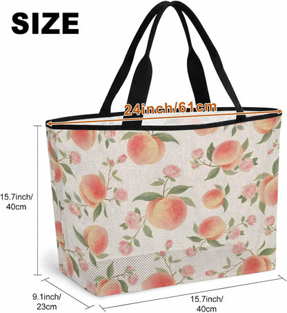 Beach Bag for Women,Summer Fruit Pink Honey Peach Large Beach Tote Bag Mesh Bags Travel Handbag