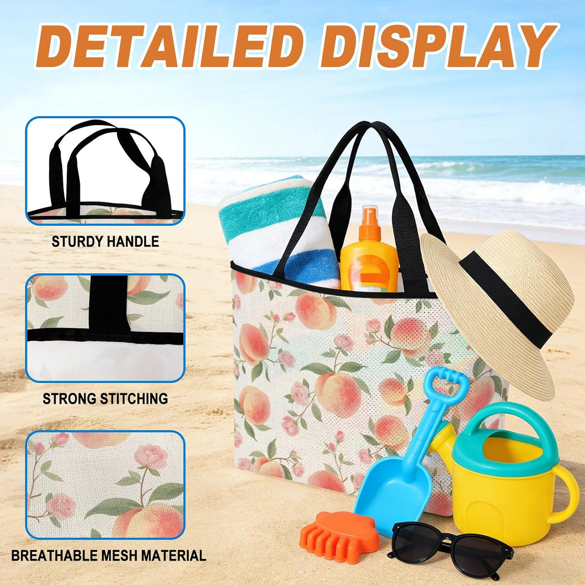 Beach Bag for Women,Summer Fruit Pink Honey Peach Large Beach Tote Bag Mesh Bags Travel Handbag