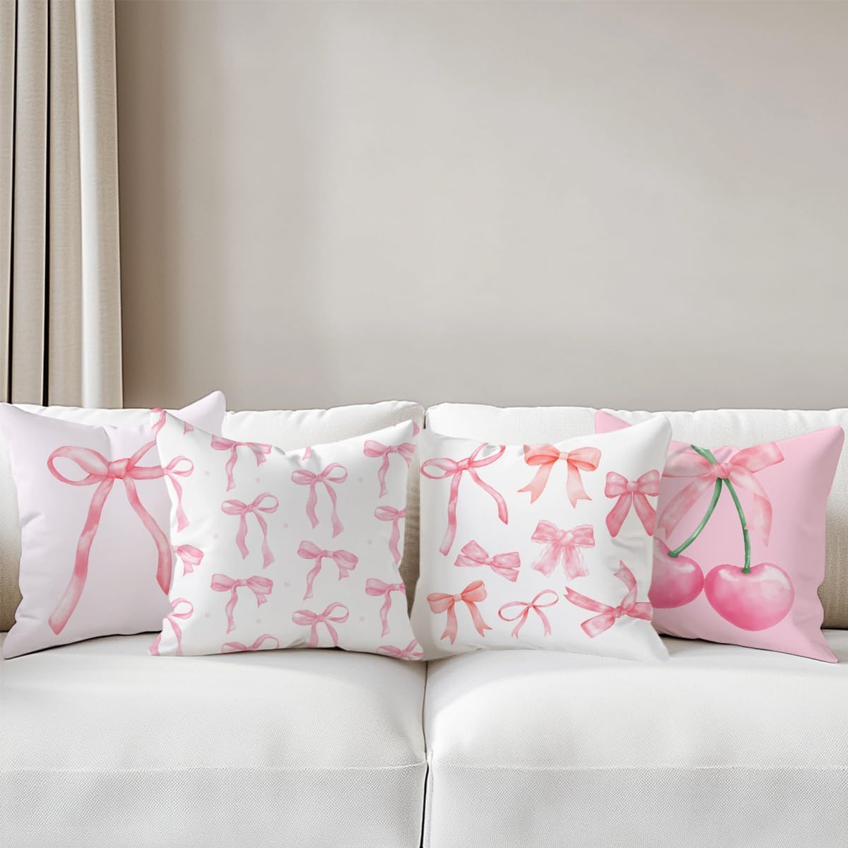 4 PCs Pink Bow Decor Pillow Covers 18x18, Coquette Bow Throw Pillow Covers