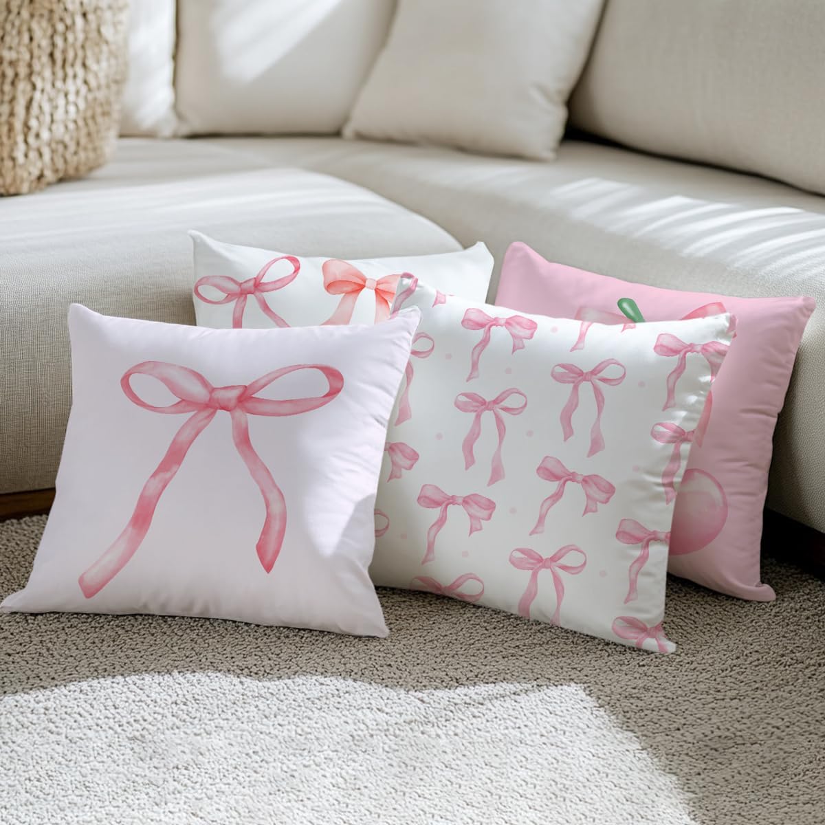 4 PCs Pink Bow Decor Pillow Covers 18x18, Coquette Bow Throw Pillow Covers