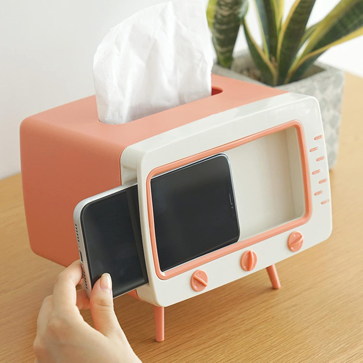 Retro TV Tissue Box Facial Dispenser Cover Holder with Phone Stand Innovative Table Centerpiece for Bedroom Home Office Pink
