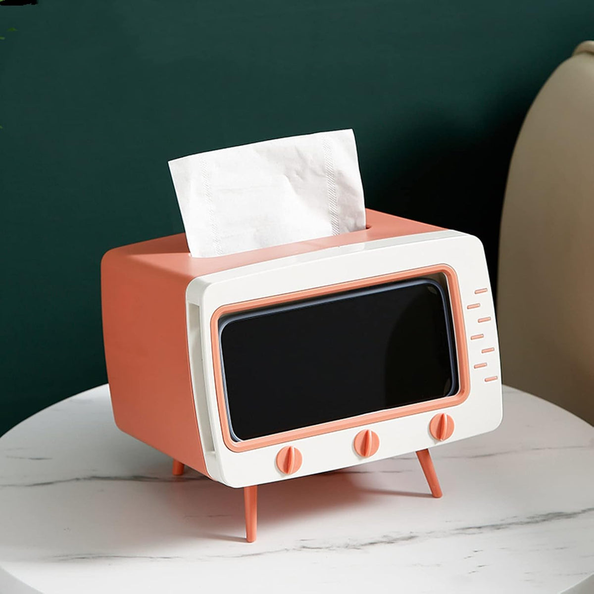 Retro TV Tissue Box Facial Dispenser Cover Holder with Phone Stand Innovative Table Centerpiece for Bedroom Home Office Pink