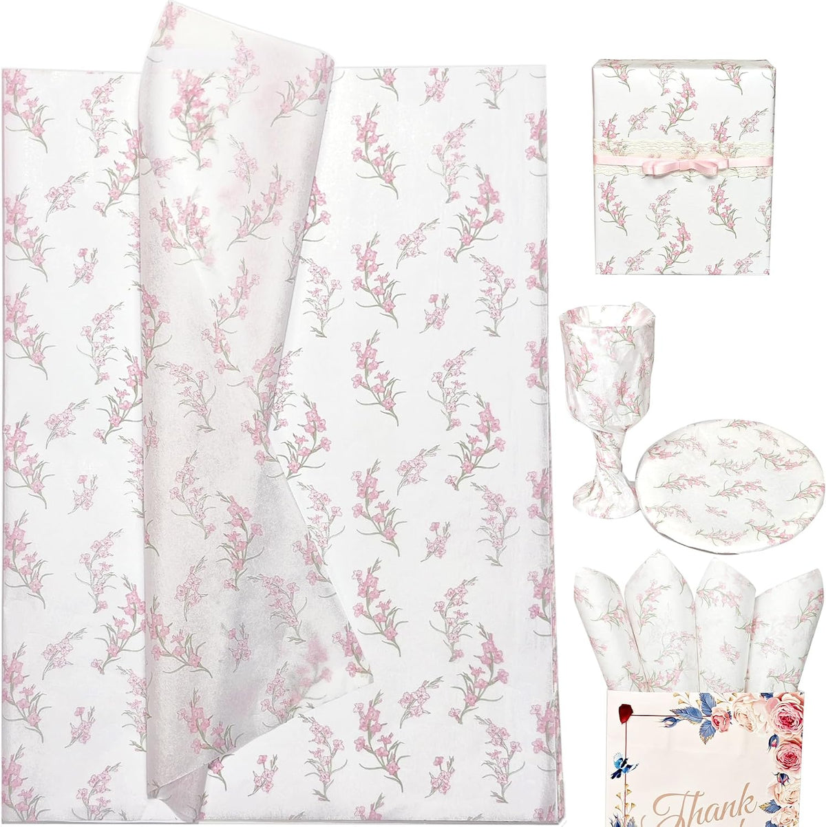 Floral Tissue Paper, White with Pink Gladiolus Flowers Pattern- 30 Sheets, 20x14 In, Gift Wrapping Tissue Paper for Gift Bags, Bouquet Packaging for Wedding Baby Shower DIY Crafts Birthday Party Decor