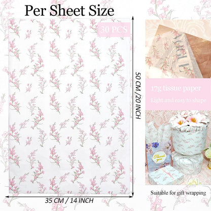 Floral Tissue Paper, White with Pink Gladiolus Flowers Pattern- 30 Sheets, 20x14 In, Gift Wrapping Tissue Paper for Gift Bags, Bouquet Packaging for Wedding Baby Shower DIY Crafts Birthday Party Decor