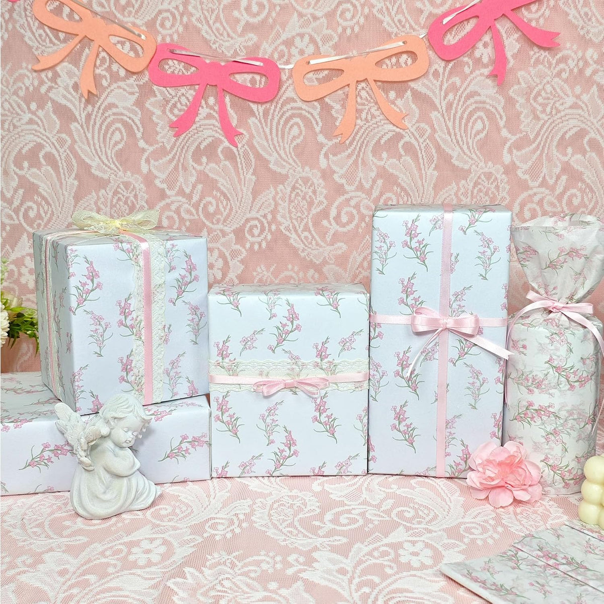 Floral Tissue Paper, White with Pink Gladiolus Flowers Pattern- 30 Sheets, 20x14 In, Gift Wrapping Tissue Paper for Gift Bags, Bouquet Packaging for Wedding Baby Shower DIY Crafts Birthday Party Decor