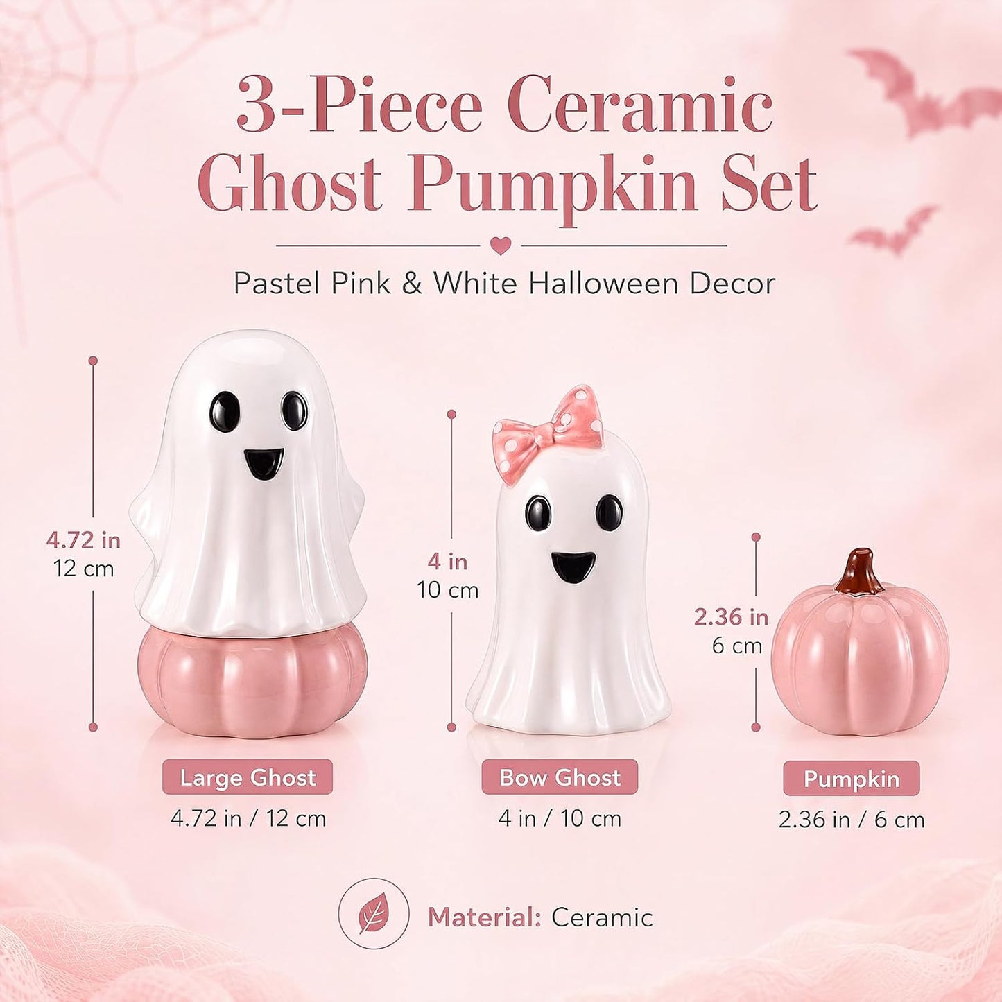 3 Pcs Pink Halloween Decor, Cute Ghost & Pumpkin Table Decorations, Sweet