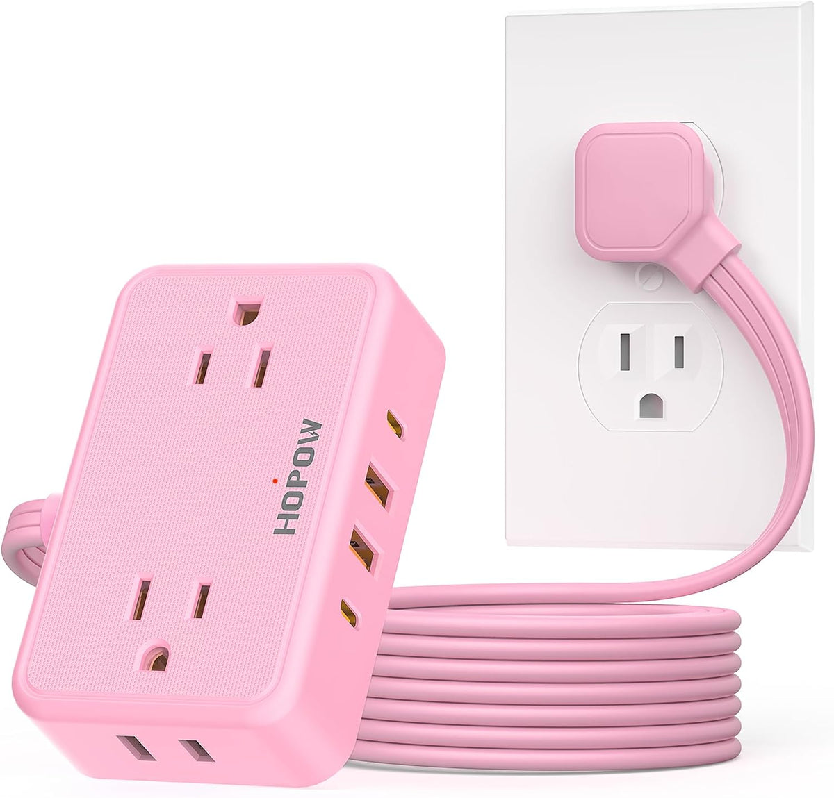 Pink Extension Cord, 6 FT Flat Plug Power Strip, 4AC&2A2C, 1625W/13A