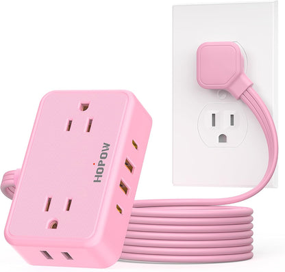 Pink Extension Cord, 6 FT Flat Plug Power Strip, 4AC&2A2C, 1625W/13A