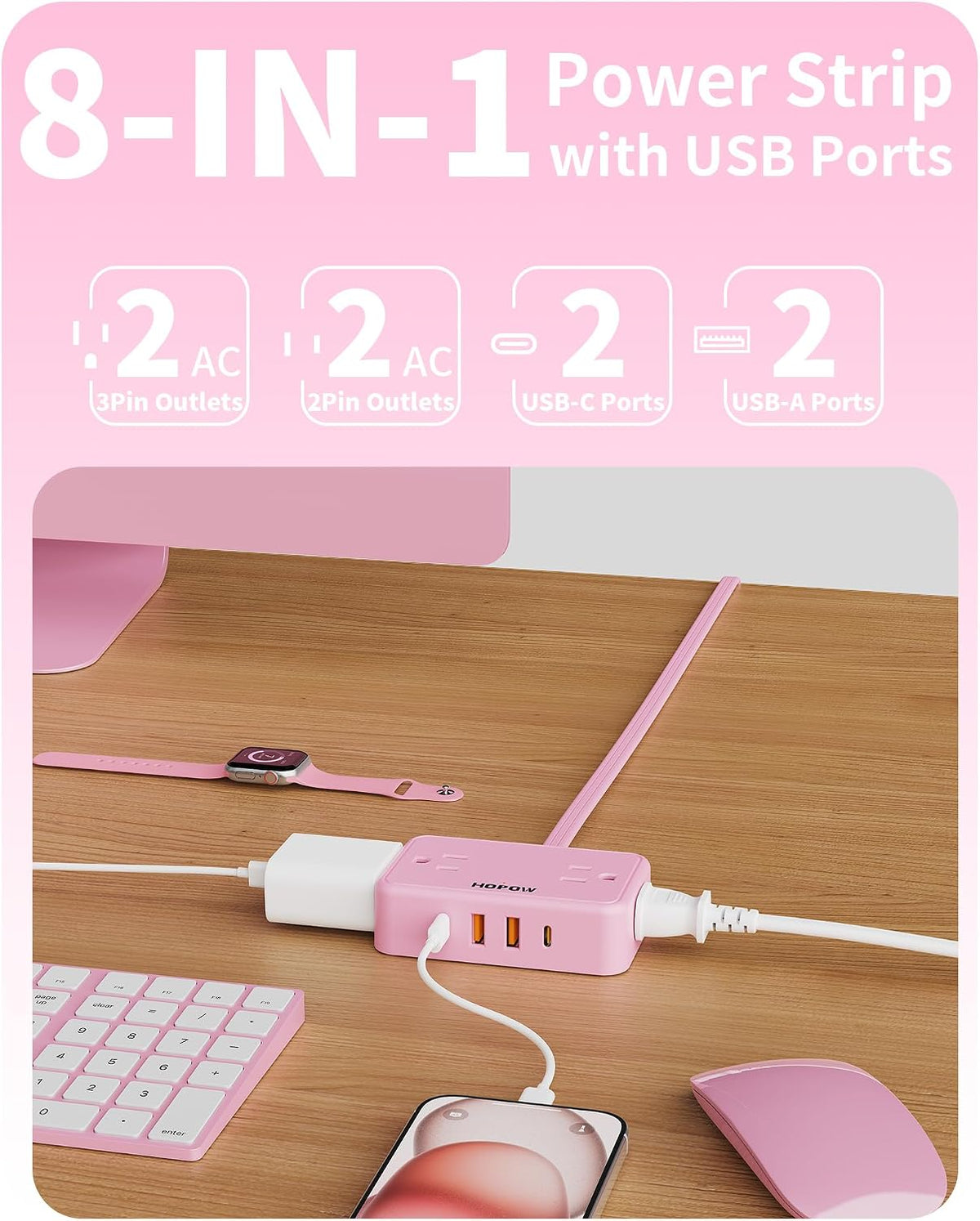 Pink Extension Cord, 6 FT Flat Plug Power Strip, 4AC&2A2C, 1625W/13A