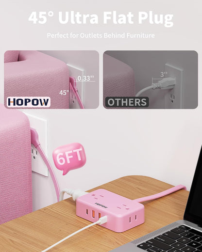 Pink Extension Cord, 6 FT Flat Plug Power Strip, 4AC&2A2C, 1625W/13A