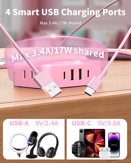 Pink Extension Cord, 6 FT Flat Plug Power Strip, 4AC&2A2C, 1625W/13A