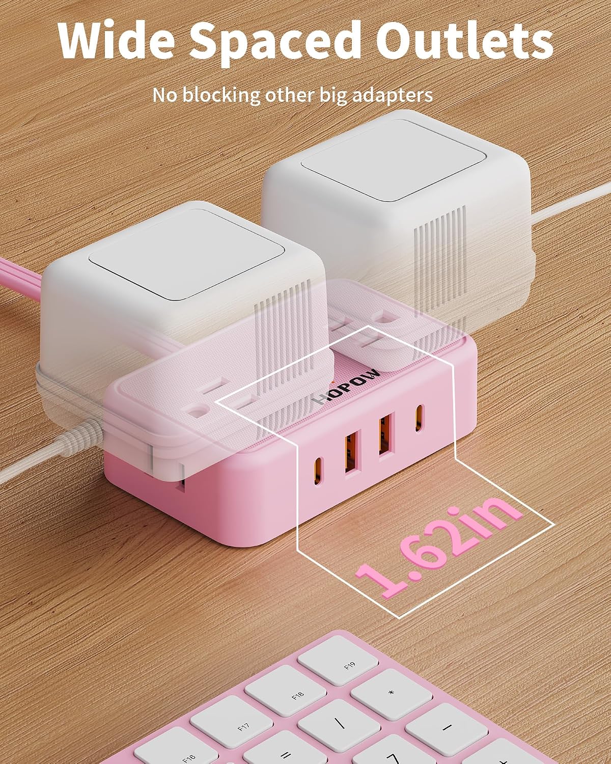 Pink Extension Cord, 6 FT Flat Plug Power Strip, 4AC&2A2C, 1625W/13A
