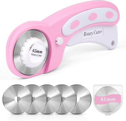 45mm Rotary Cutter for Fabric with 5 Extra Blades, Roller, with Safety Lock