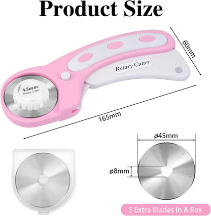 45mm Rotary Cutter for Fabric with 5 Extra Blades, Roller, with Safety Lock