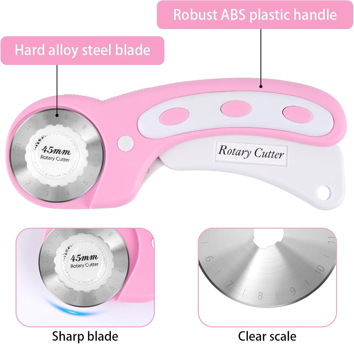 45mm Rotary Cutter for Fabric with 5 Extra Blades, Roller, with Safety Lock