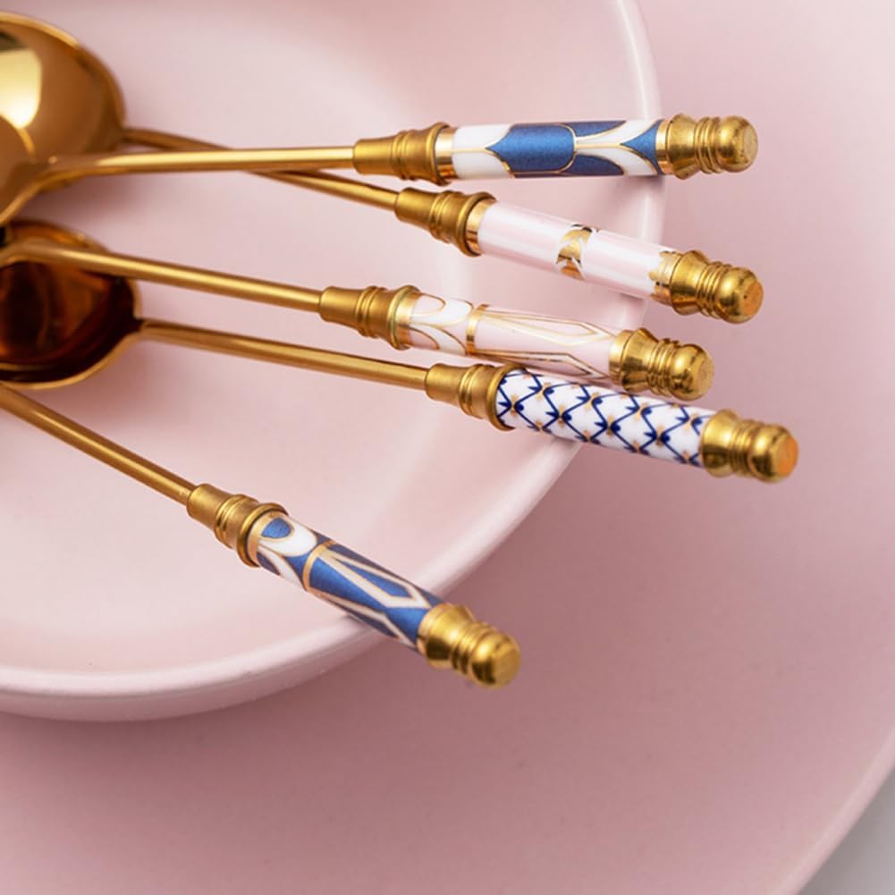 Stainless Steel Coffee Spoons Gold Plated Stainless Steel Teaspoons Ceramics Spoon Tea And Coffee Spoon for Dessert Sugar Cake Ice Cream Cappuccino (British Pink)