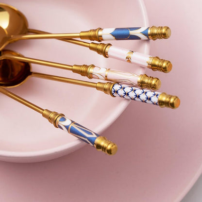 Stainless Steel Coffee Spoons Gold Plated Stainless Steel Teaspoons Ceramics Spoon Tea And Coffee Spoon for Dessert Sugar Cake Ice Cream Cappuccino (British Pink)