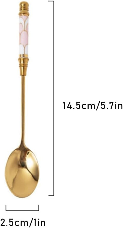 Stainless Steel Coffee Spoons Gold Plated Stainless Steel Teaspoons Ceramics Spoon Tea And Coffee Spoon for Dessert Sugar Cake Ice Cream Cappuccino (British Pink)