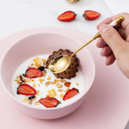 Stainless Steel Coffee Spoons Gold Plated Stainless Steel Teaspoons Ceramics Spoon Tea And Coffee Spoon for Dessert Sugar Cake Ice Cream Cappuccino (British Pink)