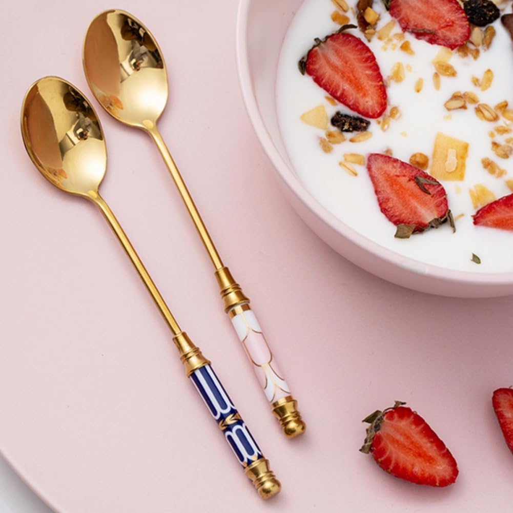 Stainless Steel Coffee Spoons Gold Plated Stainless Steel Teaspoons Ceramics Spoon Tea And Coffee Spoon for Dessert Sugar Cake Ice Cream Cappuccino (British Pink)
