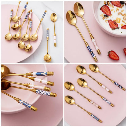 Stainless Steel Coffee Spoons Gold Plated Stainless Steel Teaspoons Ceramics Spoon Tea And Coffee Spoon for Dessert Sugar Cake Ice Cream Cappuccino (British Pink)