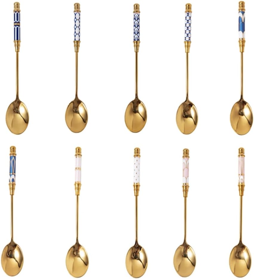 Stainless Steel Coffee Spoons Gold Plated Stainless Steel Teaspoons Ceramics Spoon Tea And Coffee Spoon for Dessert Sugar Cake Ice Cream Cappuccino (British Pink)