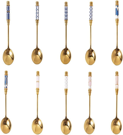 Stainless Steel Coffee Spoons Gold Plated Stainless Steel Teaspoons Ceramics Spoon Tea And Coffee Spoon for Dessert Sugar Cake Ice Cream Cappuccino (British Pink)