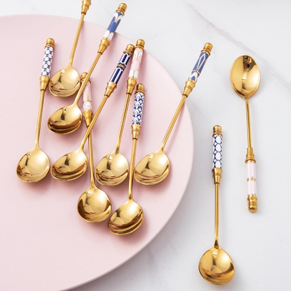 Stainless Steel Coffee Spoons Gold Plated Stainless Steel Teaspoons Ceramics Spoon Tea And Coffee Spoon for Dessert Sugar Cake Ice Cream Cappuccino (British Pink)