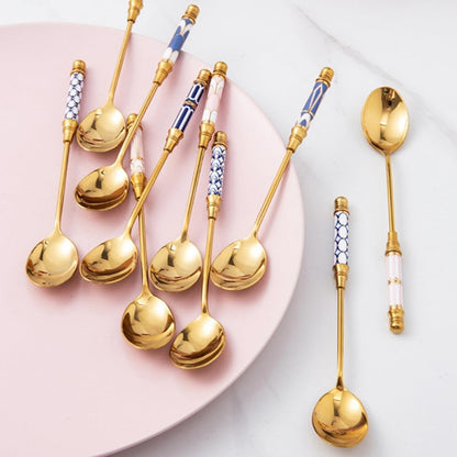 Stainless Steel Coffee Spoons Gold Plated Stainless Steel Teaspoons Ceramics Spoon Tea And Coffee Spoon for Dessert Sugar Cake Ice Cream Cappuccino (British Pink)