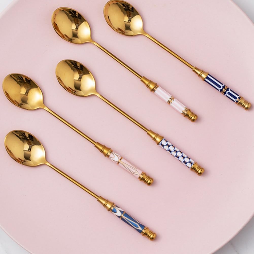 Stainless Steel Coffee Spoons Gold Plated Stainless Steel Teaspoons Ceramics Spoon Tea And Coffee Spoon for Dessert Sugar Cake Ice Cream Cappuccino (British Pink)